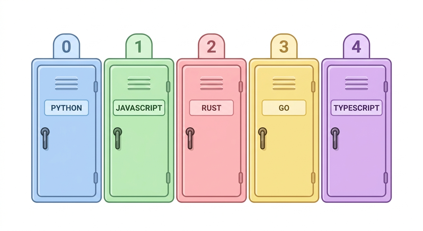 Ilustración de un array como fila de casilleros numerados con diferentes lenguajes de programación en cada casilla, estilo educativo limpio con colores suaves