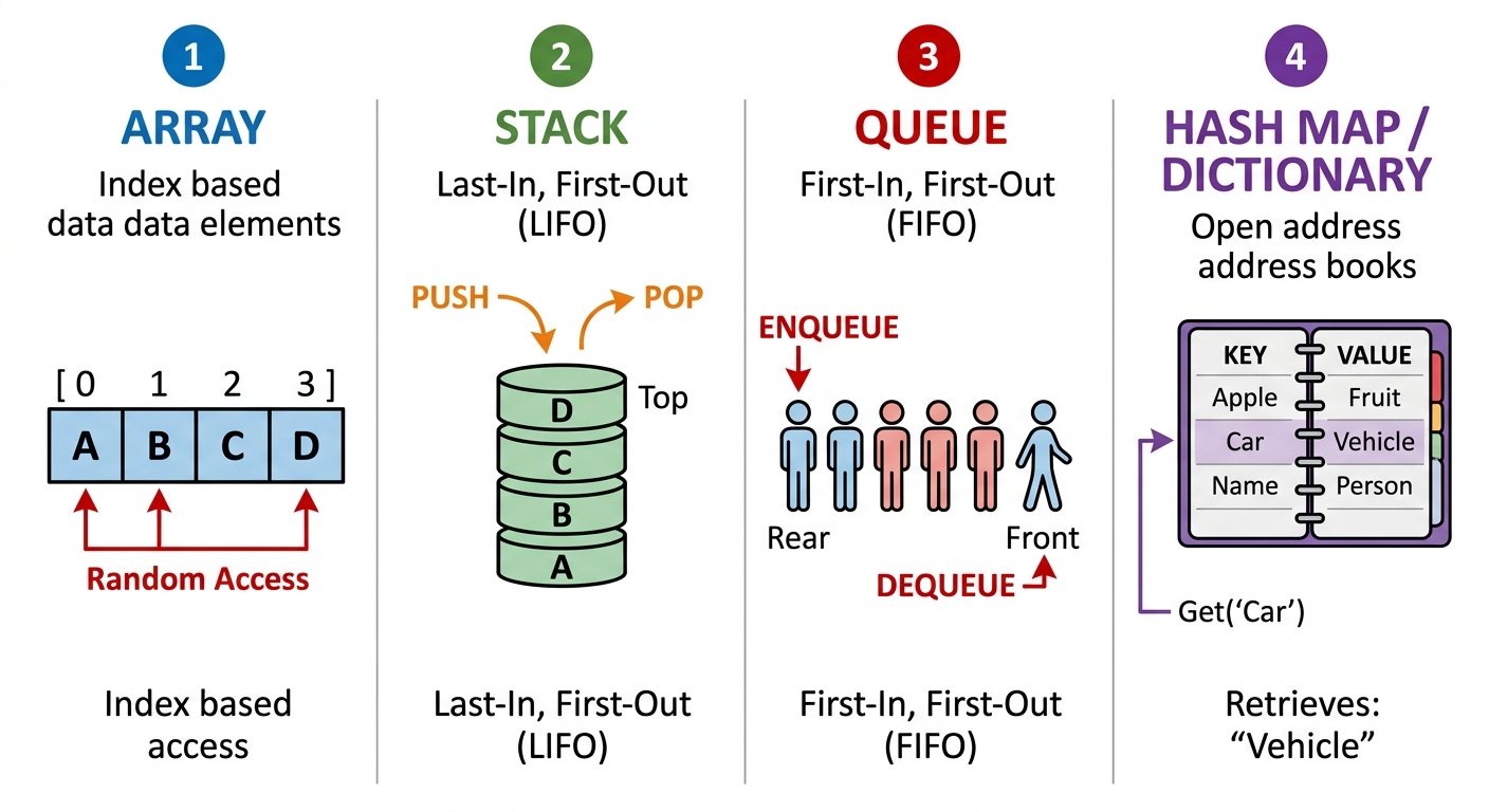 Comparación visual de las cuatro estructuras de datos principales: array como fila de cajas, pila como torre de discos, cola como fila de personas, y diccionario como libro de direcciones abierto
