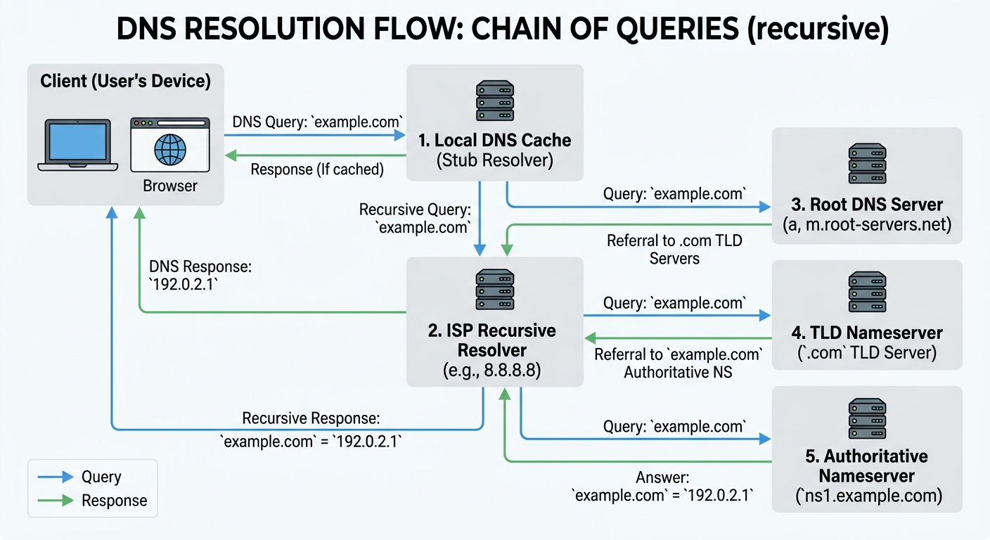 Diagrama de flujo del proceso de resolución DNS mostrando la cadena de consultas desde el navegador hasta los nameservers autoritativos y de vuelta con la IP