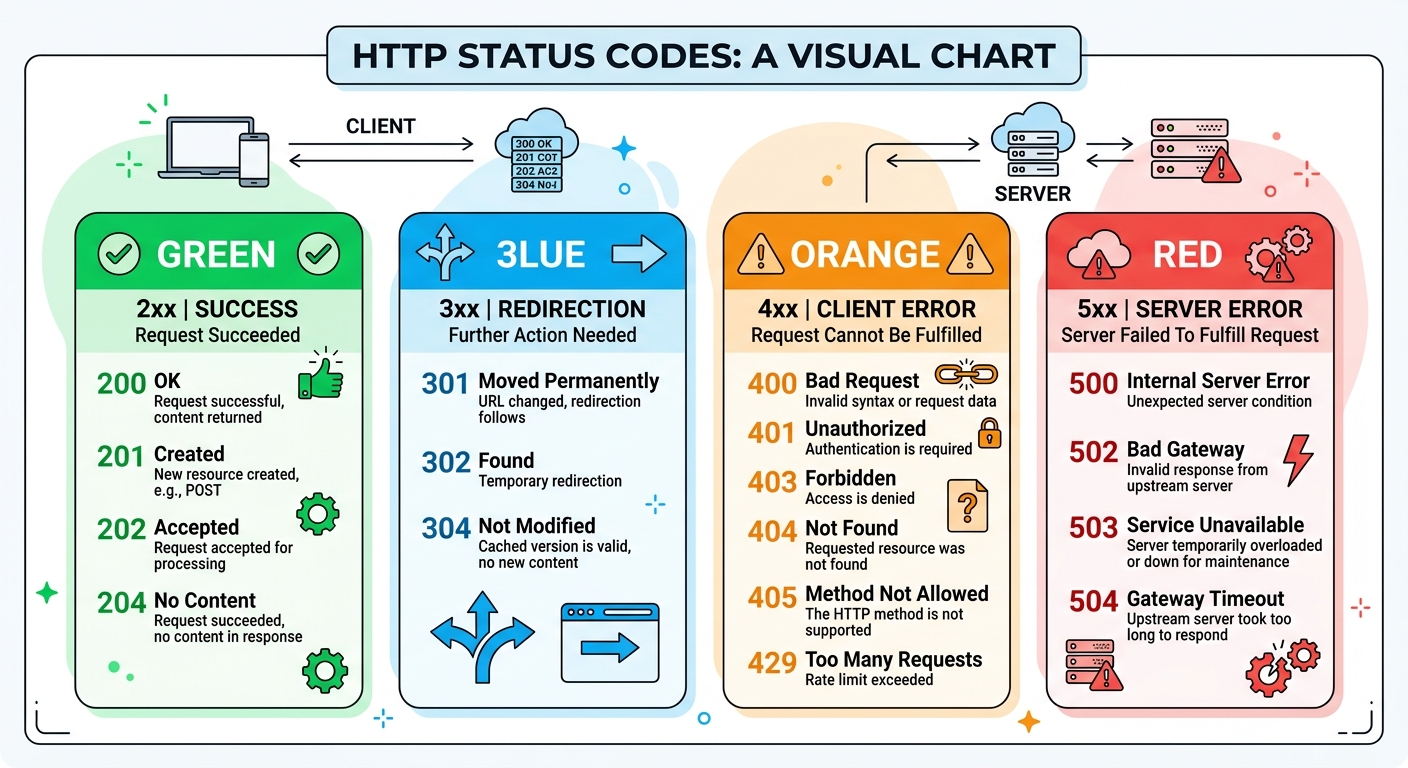 Diagrama visual de códigos de estado HTTP agrupados por rango: 2xx éxito verde, 3xx redirección azul, 4xx error cliente naranja, 5xx error servidor rojo
