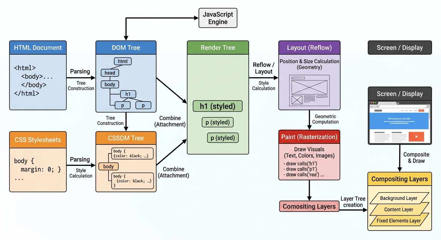 Diagrama del pipeline de renderizado del navegador: HTML → DOM + CSS → CSSOM → Render Tree → Layout → Paint → Compositing → Pantalla