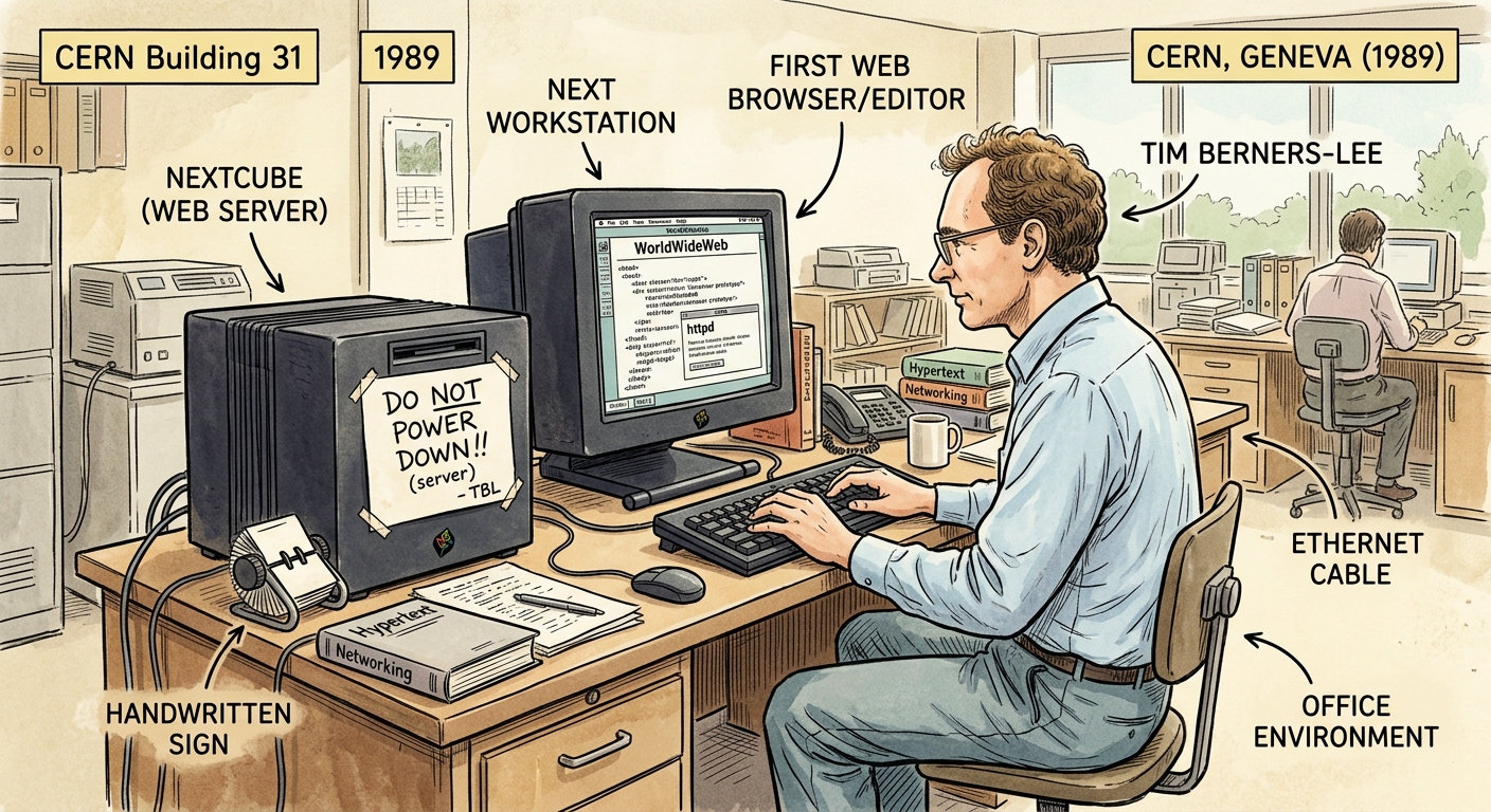 Retrato estilizado de Tim Berners-Lee trabajando en el CERN con una computadora NeXT, mostrando la primera página web y el primer servidor web