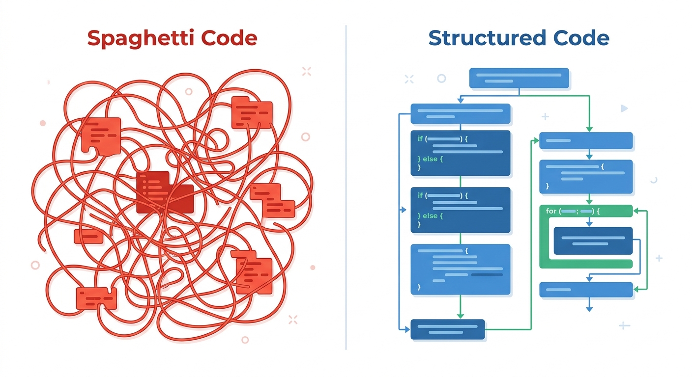 Representación visual del concepto "goto considered harmful": código espagueti enredado vs código estructurado limpio