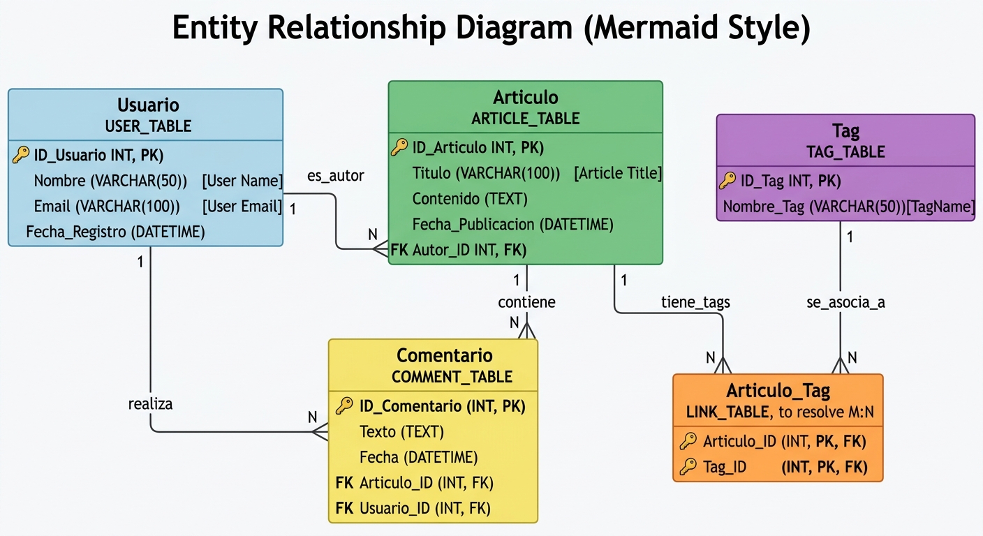 Diagrama MER renderizado con Mermaid mostrando las entidades Usuario, Artículo, Comentario y Tag con sus relaciones y cardinalidades