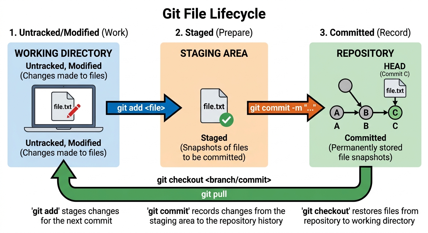 Diagrama del ciclo de vida de archivos en Git mostrando las tres áreas: Working Directory, Staging Area y Repository con flechas de git add, git commit y git checkout