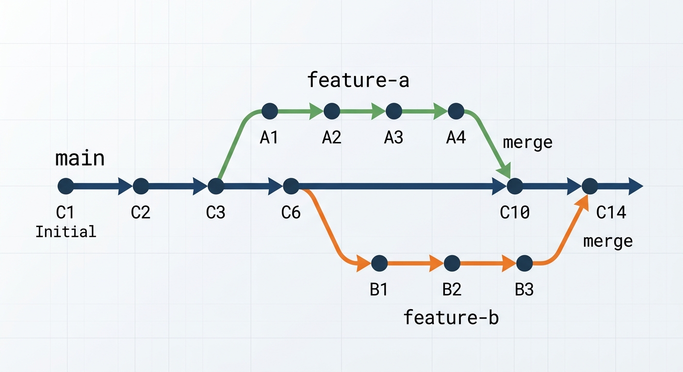 Diagrama de ramas de Git mostrando el branch main y dos feature branches divergiendo y convergiendo con merges