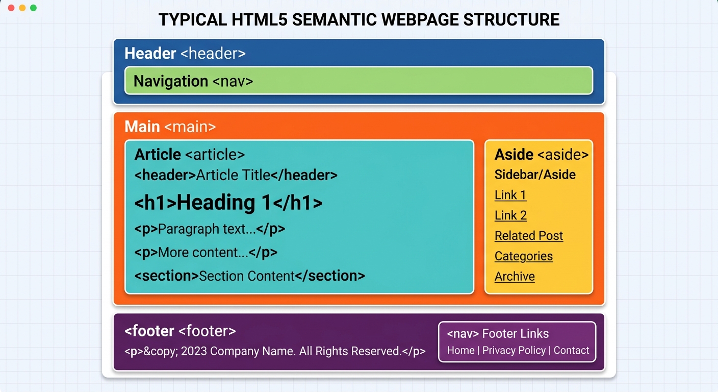 Diagrama de la estructura semántica HTML5 mostrando header, nav, main, article, aside, footer como bloques coloreados organizados en un layout de página típico