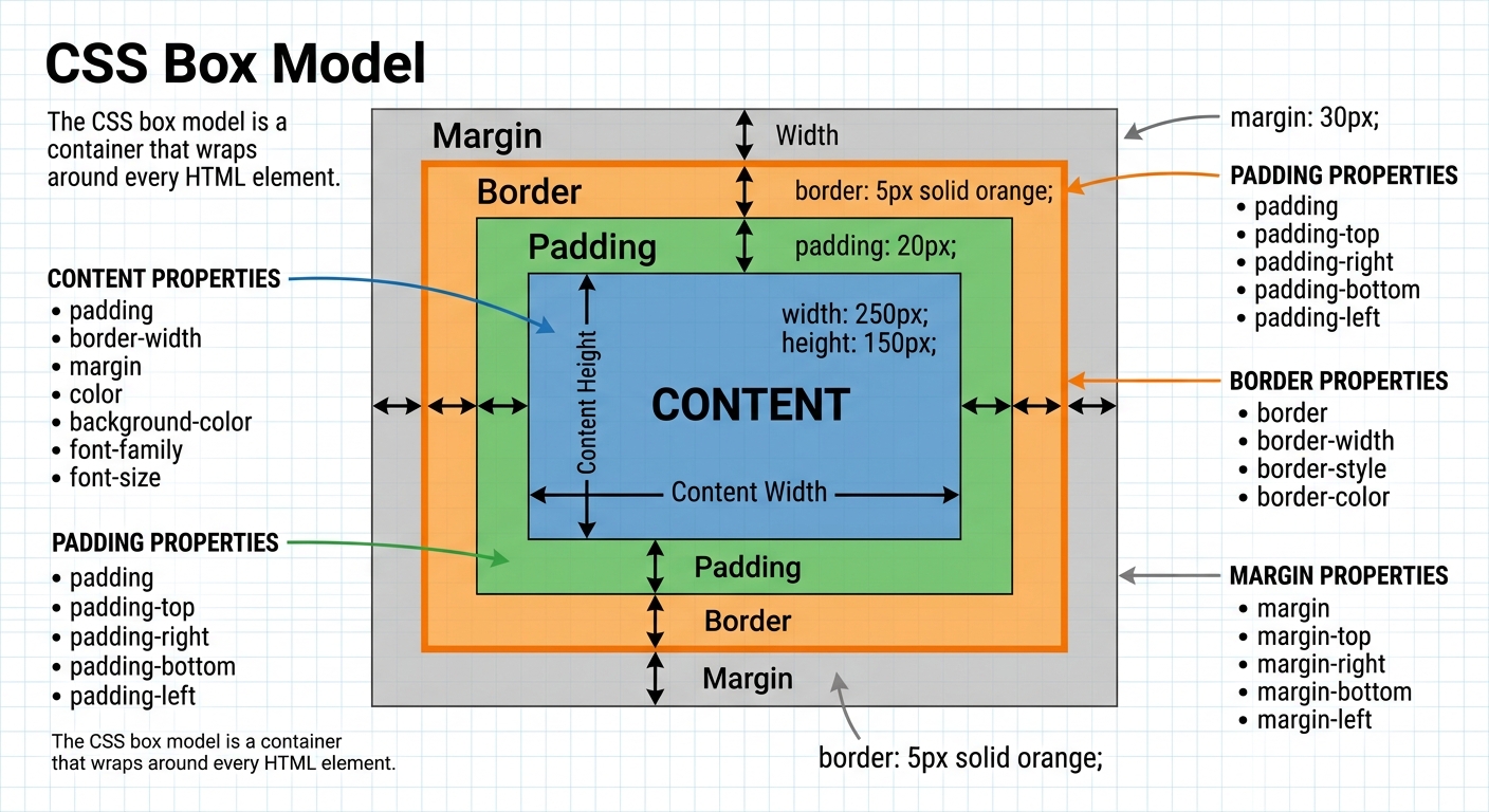 Diagrama visual del modelo de caja CSS mostrando content, padding, border y margin como capas concéntricas con medidas y colores diferenciados