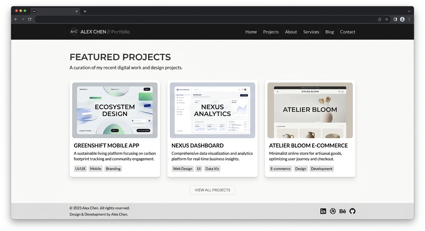 Captura de pantalla del portafolio completo mostrando header oscuro, navegación, grid de 3 tarjetas de proyecto y footer gris claro, con diseño responsive