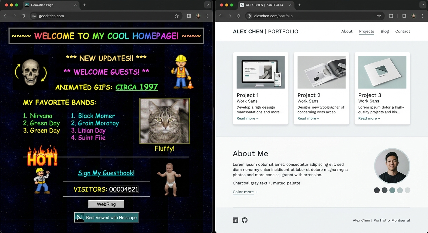 Ilustración comparativa: a la izquierda una página web estilo Geocities de los 90 con fondos brillantes y texto parpadeante, a la derecha un diseño moderno minimalista con grid y tipografía limpia