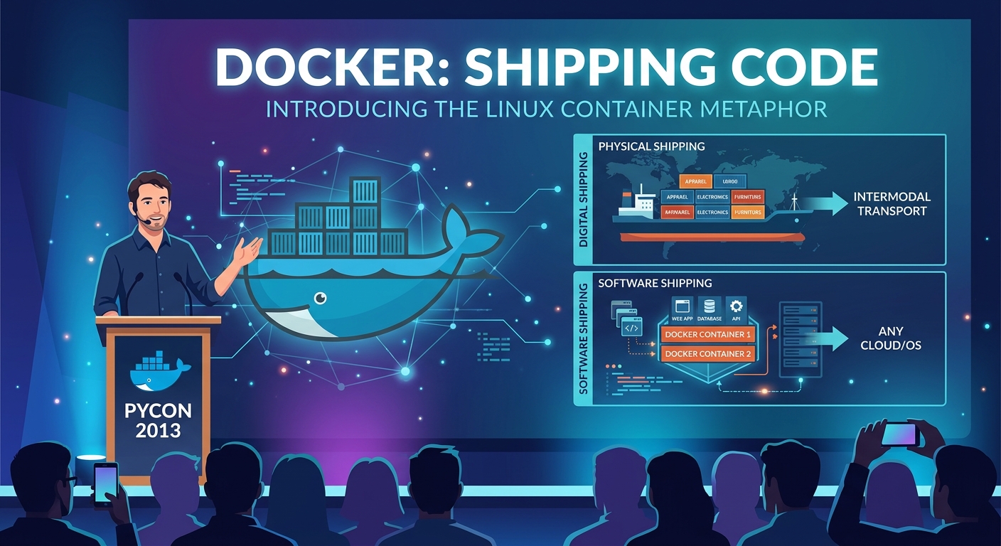 Ilustración de Solomon Hykes presentando Docker en una conferencia de 2013, con el logo de Docker (ballena con contenedores) y contenedores de envío reales como metáfora visual