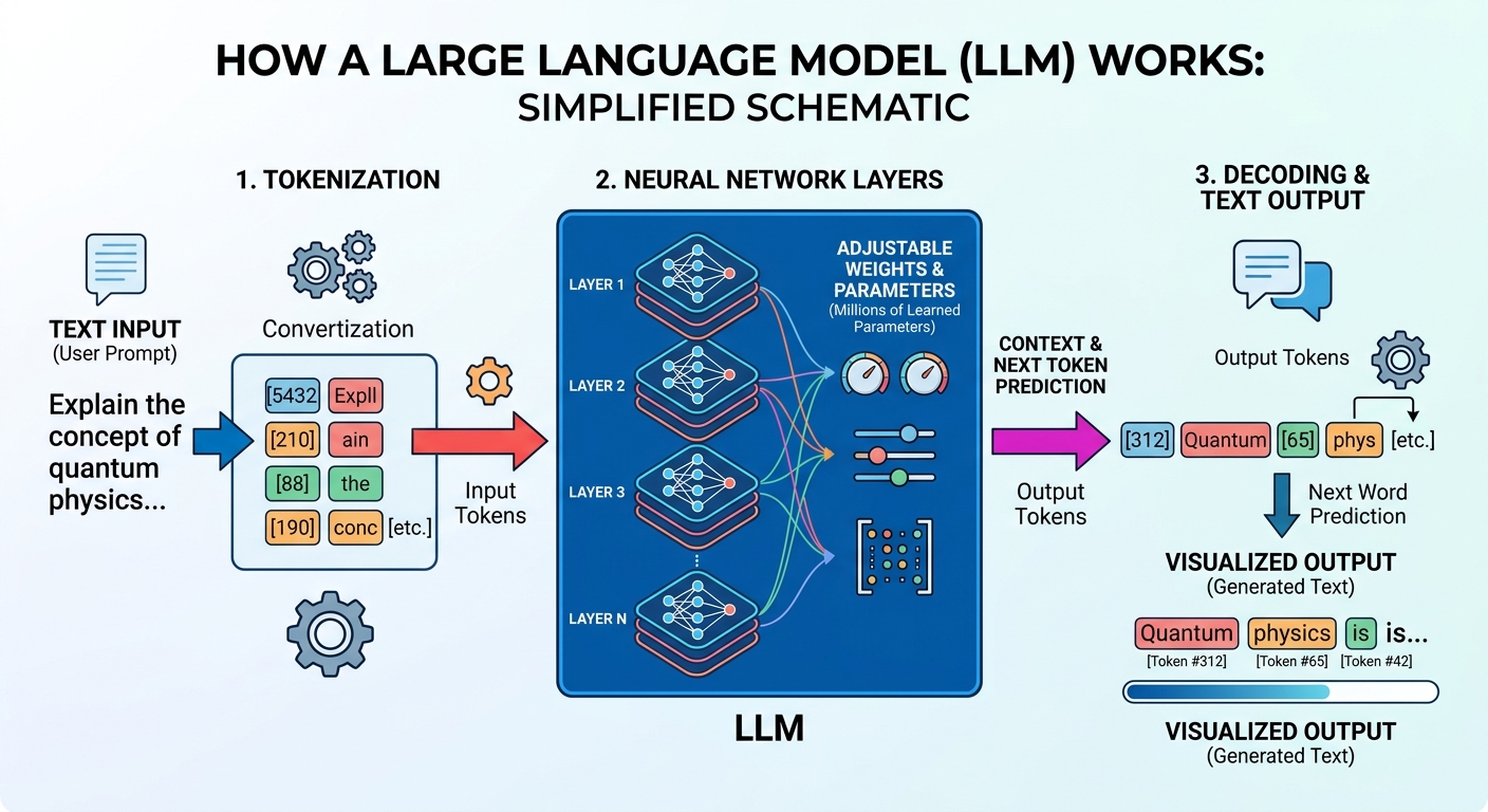 Diagrama simplificado de cómo funciona un LLM: input de texto → capas de red neuronal con pesos ajustados → output de texto palabra por palabra, con visualización de tokens
