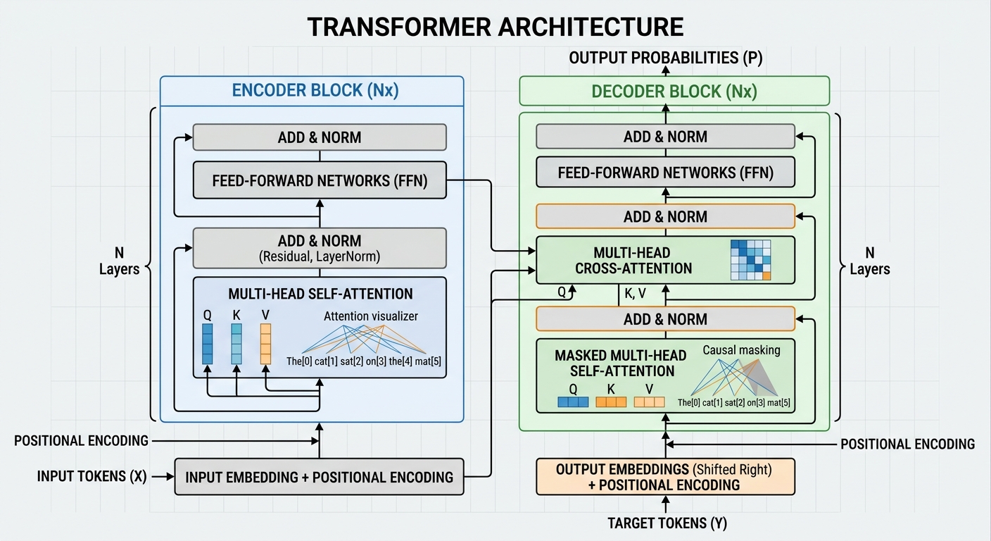 Diagrama técnico simplificado de la arquitectura Transformer mostrando encoder, decoder, self-attention mechanism y feed-forward layers