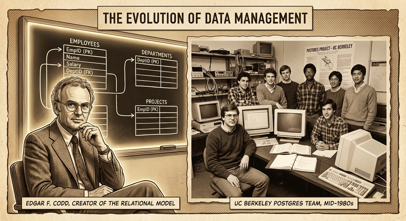 Ilustración de Edgar Codd con su modelo relacional de fondo mostrando tablas conectadas, junto a una imagen del grupo de Berkeley que creó Postgres