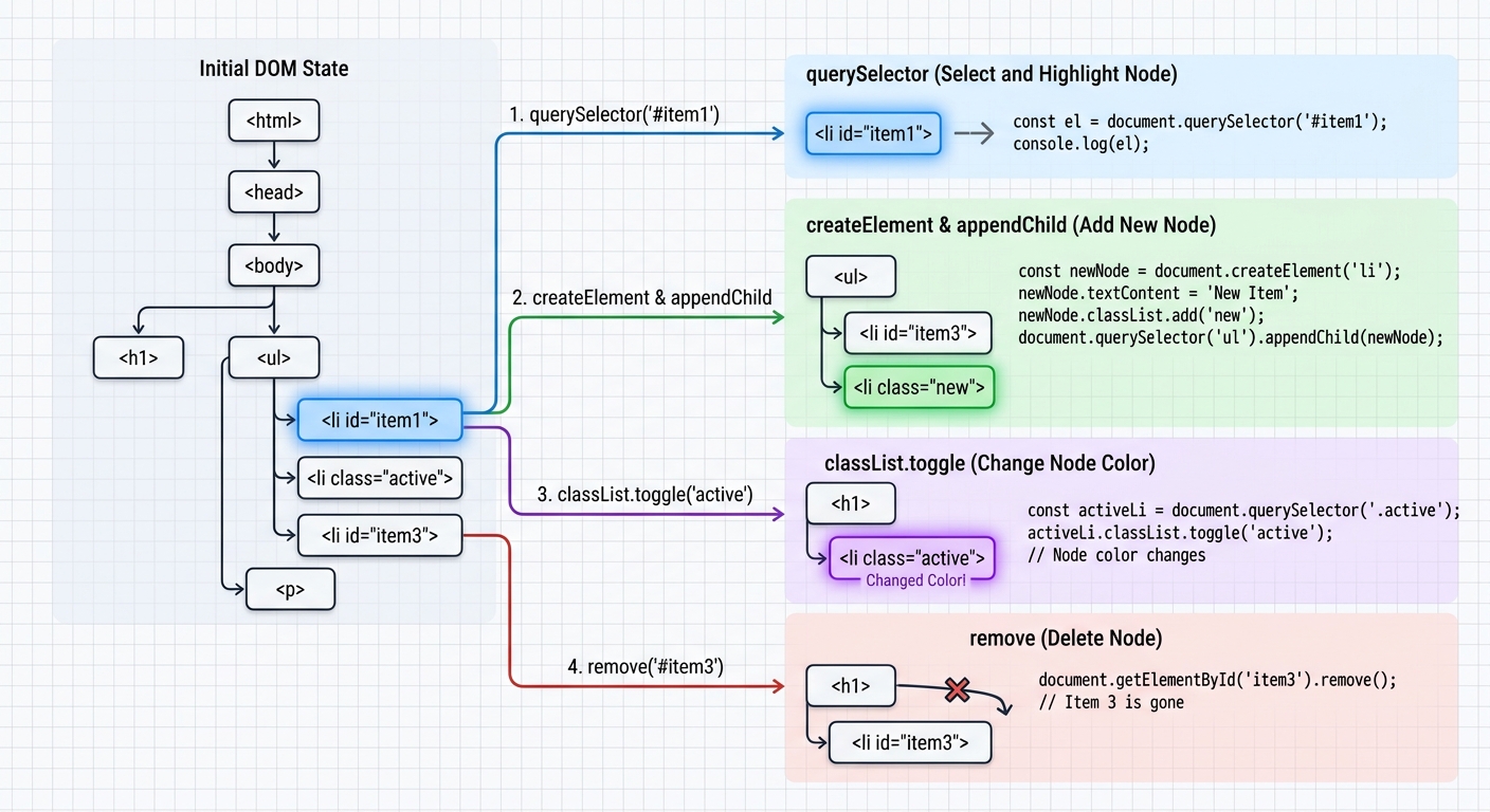 Diagrama del DOM tree mostrando cómo JavaScript puede seleccionar nodos, modificar atributos, crear nuevos elementos y eliminar existentes, con flechas de acción