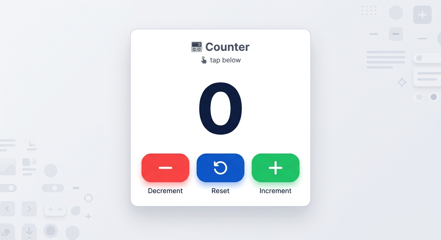 Captura de pantalla del contador interactivo mostrando un número grande central con tres botones debajo: decrementar (rojo), reset (azul), incrementar (verde), con diseño centrado y sombra