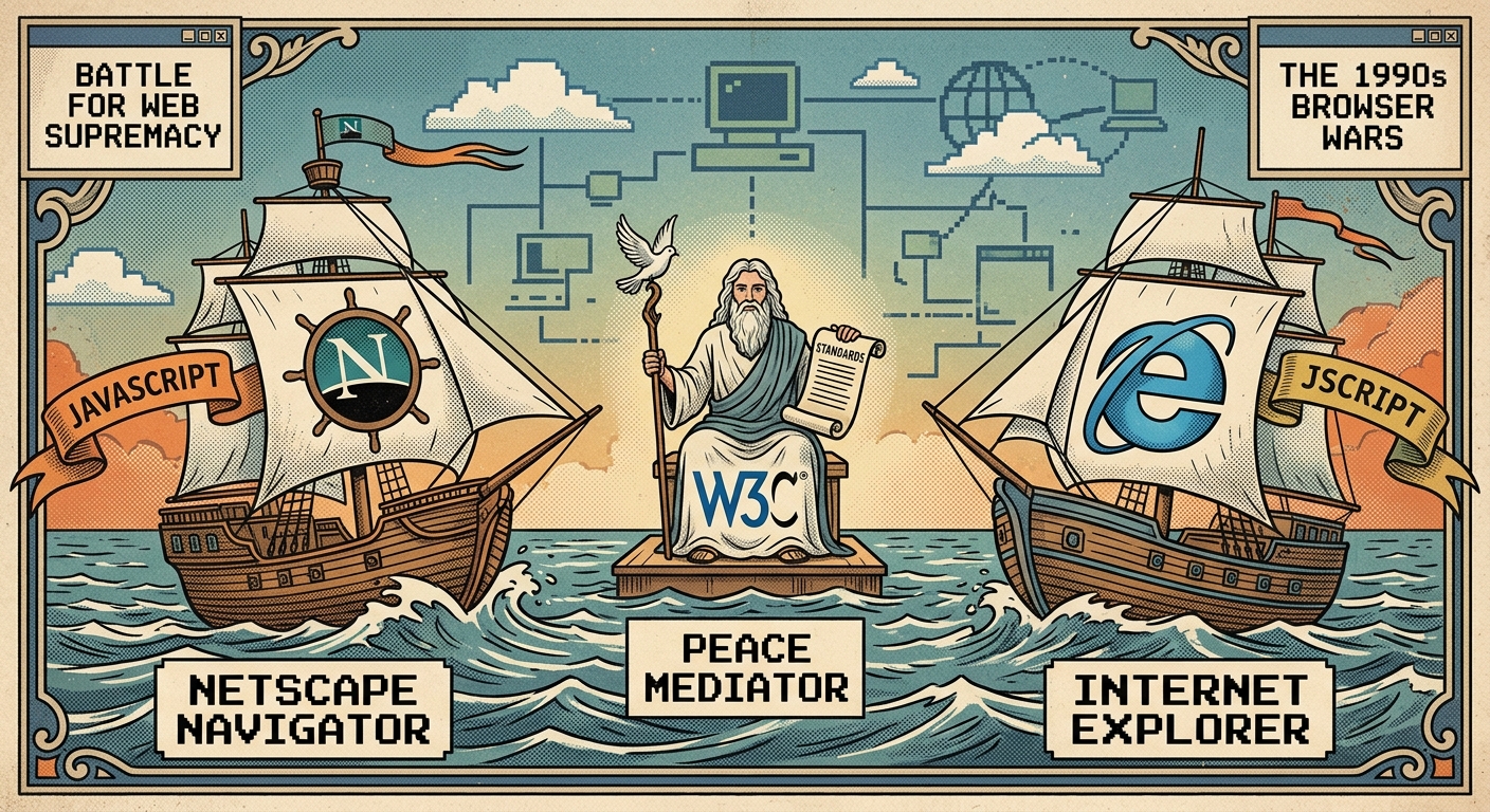 Ilustración de la guerra de navegadores de los 90: logos de Netscape Navigator e Internet Explorer enfrentados, con JavaScript y JScript como armas, y el W3C intentando poner paz