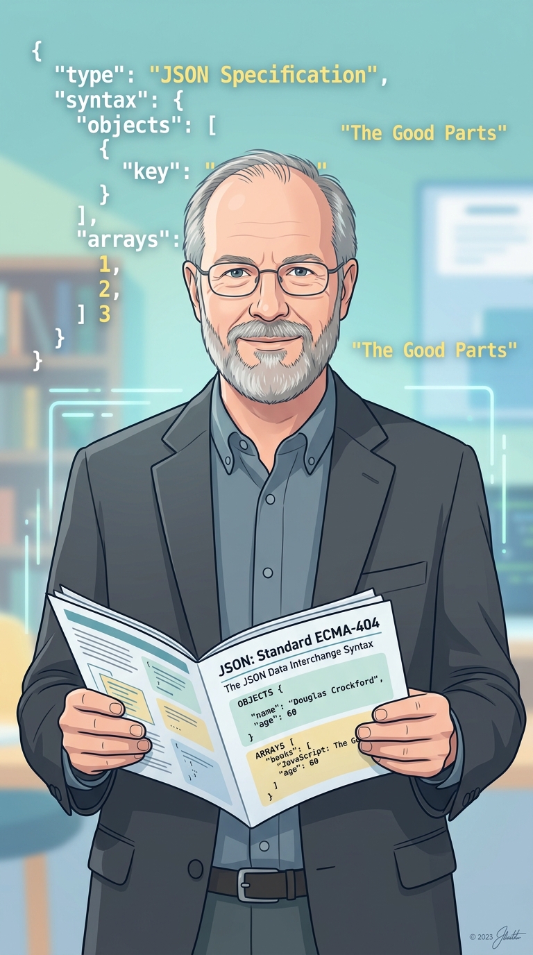 Retrato de Douglas Crockford con la especificación JSON de fondo, mostrando la sintaxis simple de objetos y arrays