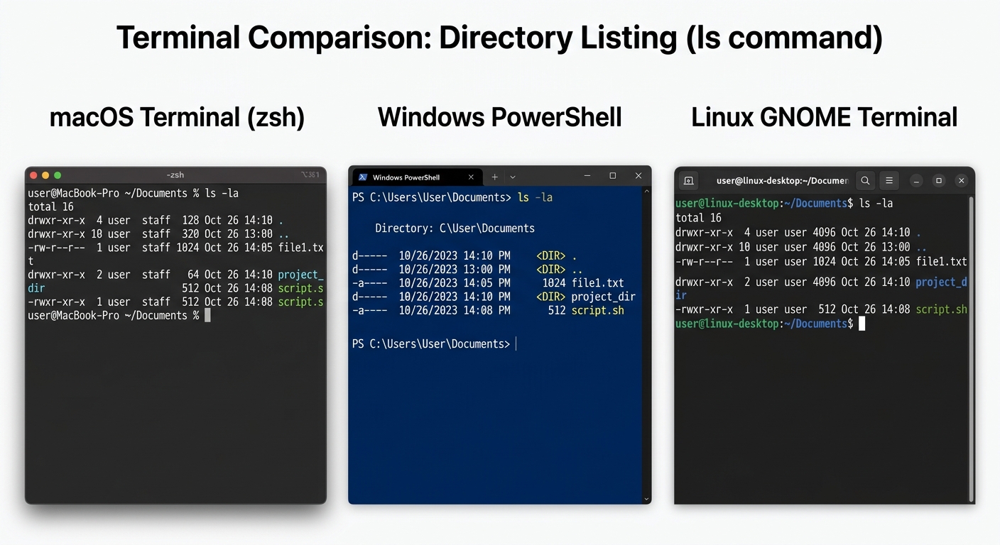 Comparación visual de tres terminales: macOS Terminal, Windows PowerShell y Linux GNOME Terminal, cada una mostrando el prompt y un comando ls ejecutándose