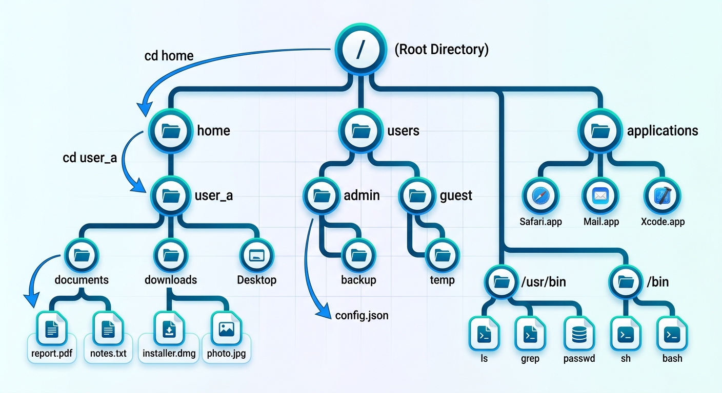 Diagrama de árbol del sistema de archivos mostrando directorios como ramas y archivos como hojas, con flechas de navegación cd entre ellos