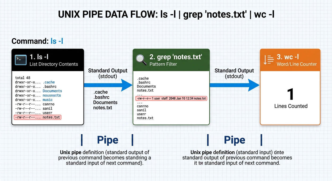 Diagrama de flujo mostrando pipes de Unix conectando comandos: ls → grep → wc con flechas de datos fluyendo entre ellos