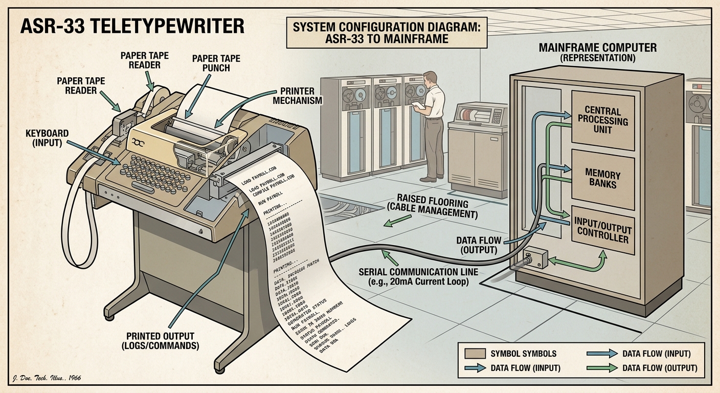 Ilustración histórica de un teletipo ASR-33 conectado a un mainframe de los años 60, con papel rollo impreso y teclado mecánico