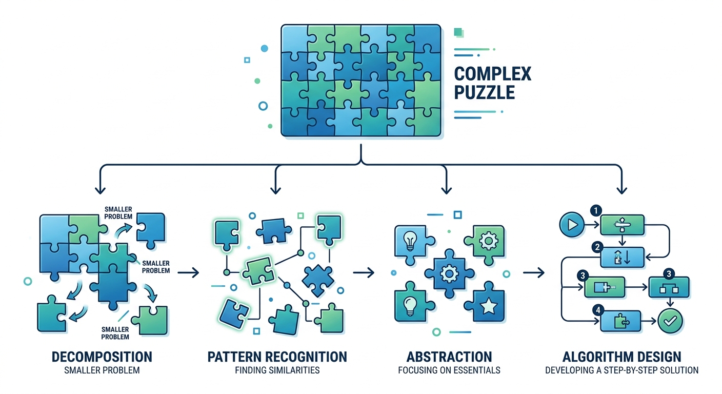 Ilustración del pensamiento computacional mostrando un problema complejo descomponiéndose en piezas simples con flechas que representan descomposición, reconocimiento de patrones, abstracción y algoritmos