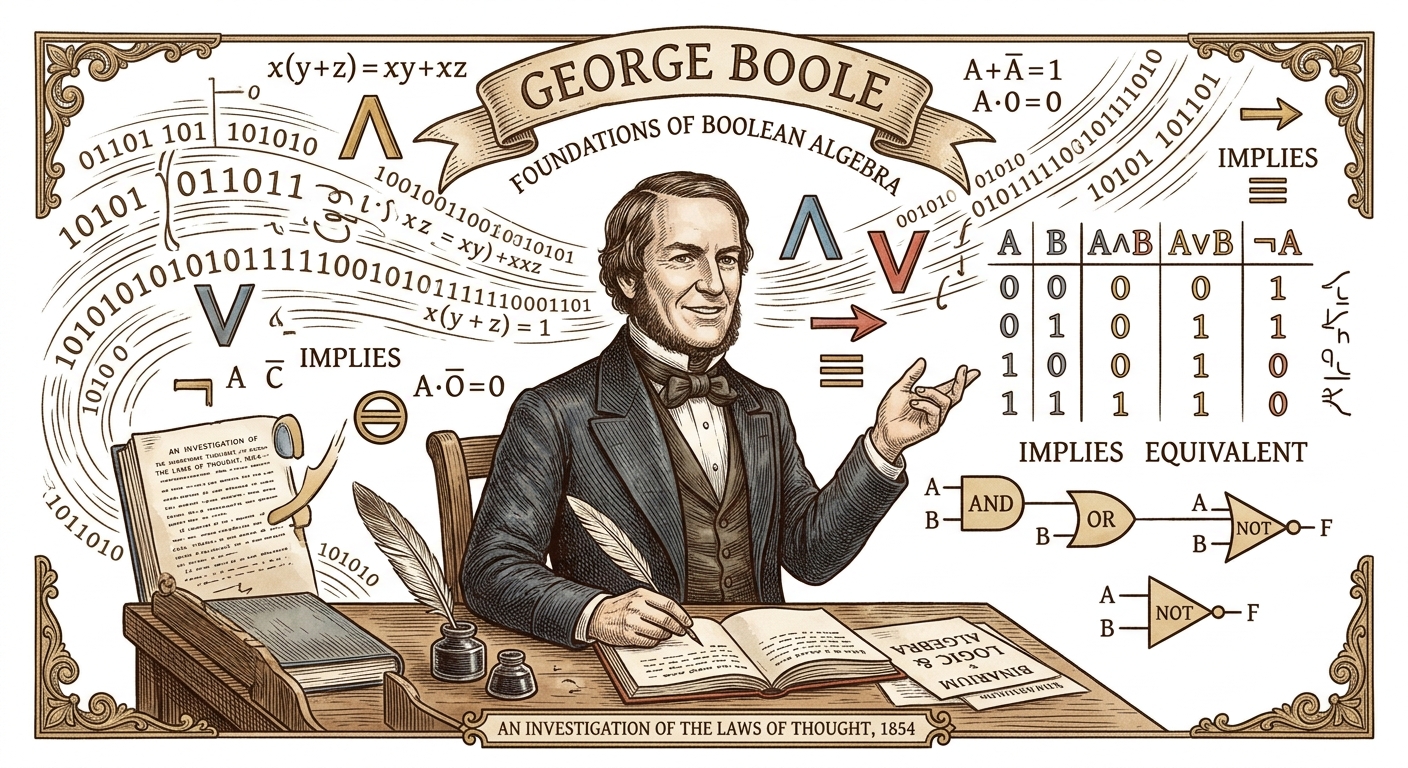 Ilustración de George Boole con símbolos de álgebra booleana, compuertas lógicas AND/OR/NOT y tablas de verdad en un estilo educativo con tonos sepia