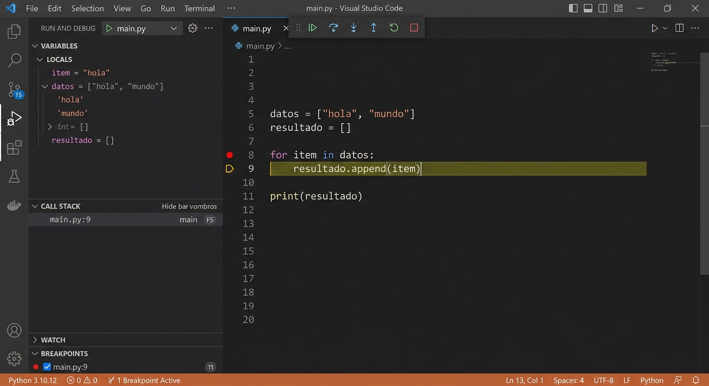 VS Code debugger con breakpoint activo mostrando variables locales y controles de step over/step into