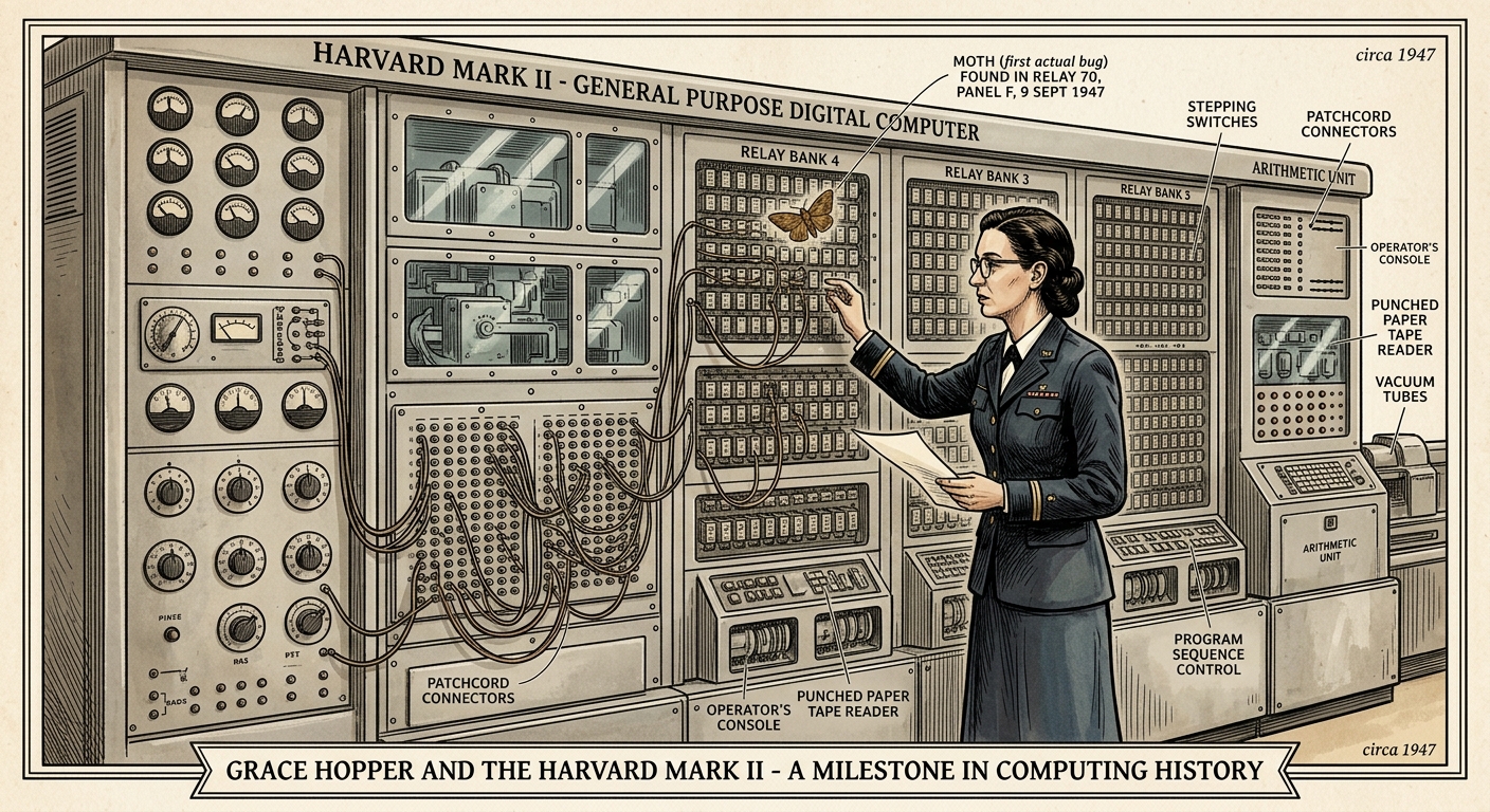 Ilustración estilo vintage de Grace Hopper trabajando con el Harvard Mark II y la famosa polilla encontrada en el relé