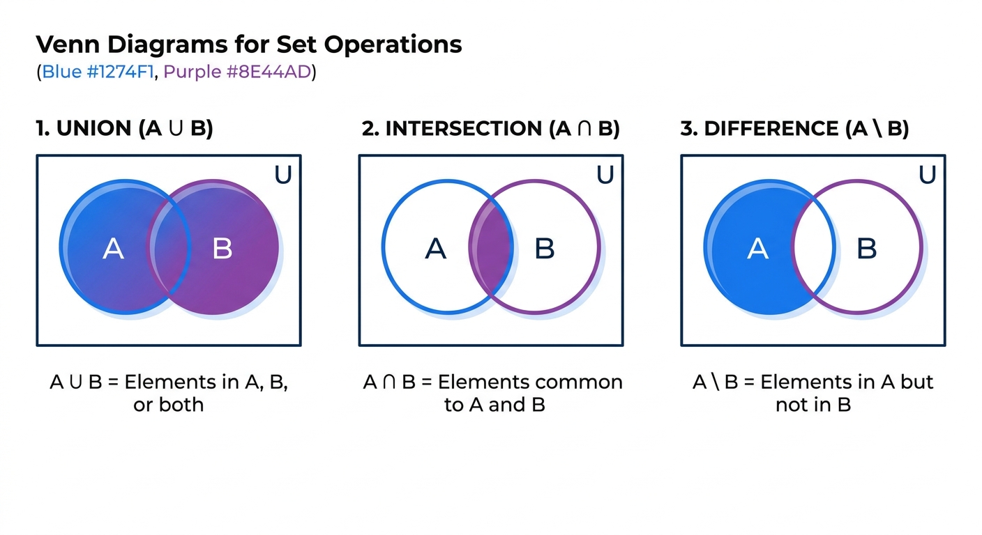 Diagrama visual de operaciones con conjuntos mostrando unión, intersección y diferencia con círculos de Venn estilizados
