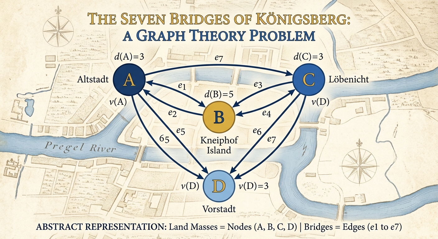 Representación del problema de los puentes de Königsberg con nodos y aristas mostrando las conexiones imposibles