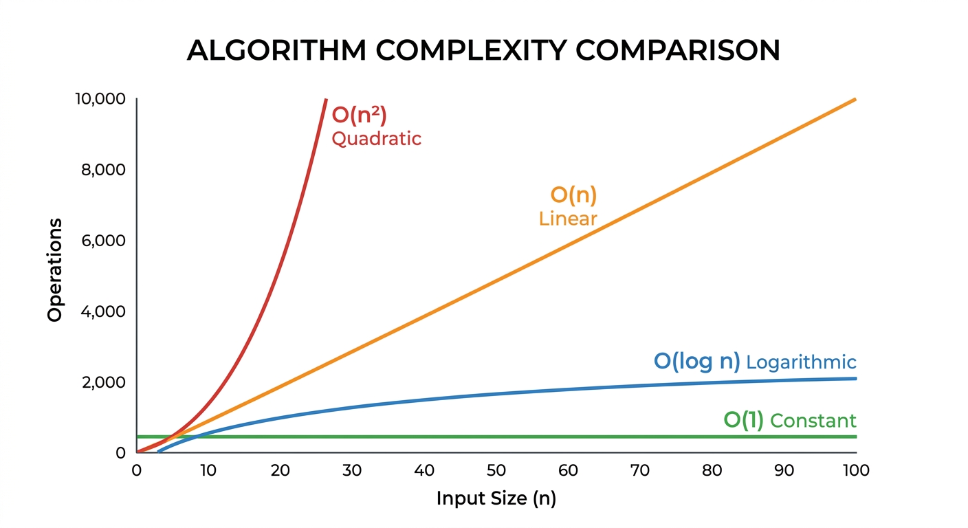 Gráfico comparativo de complejidades algorítmicas mostrando O(1), O(log n), O(n) y O(n²) con curvas de crecimiento