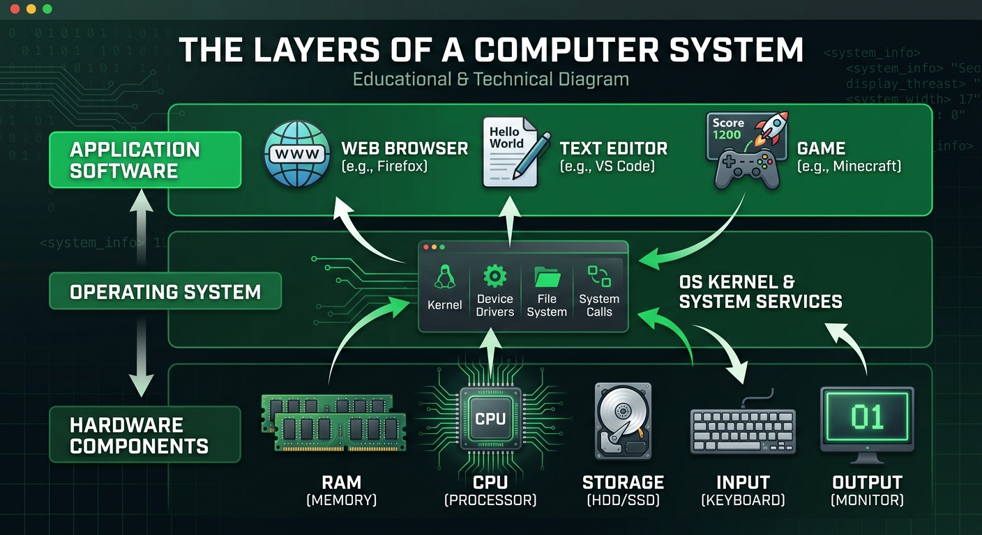 Las capas de un sistema computacional: hardware en la base, sistema operativo en el medio y aplicaciones en la parte superior
