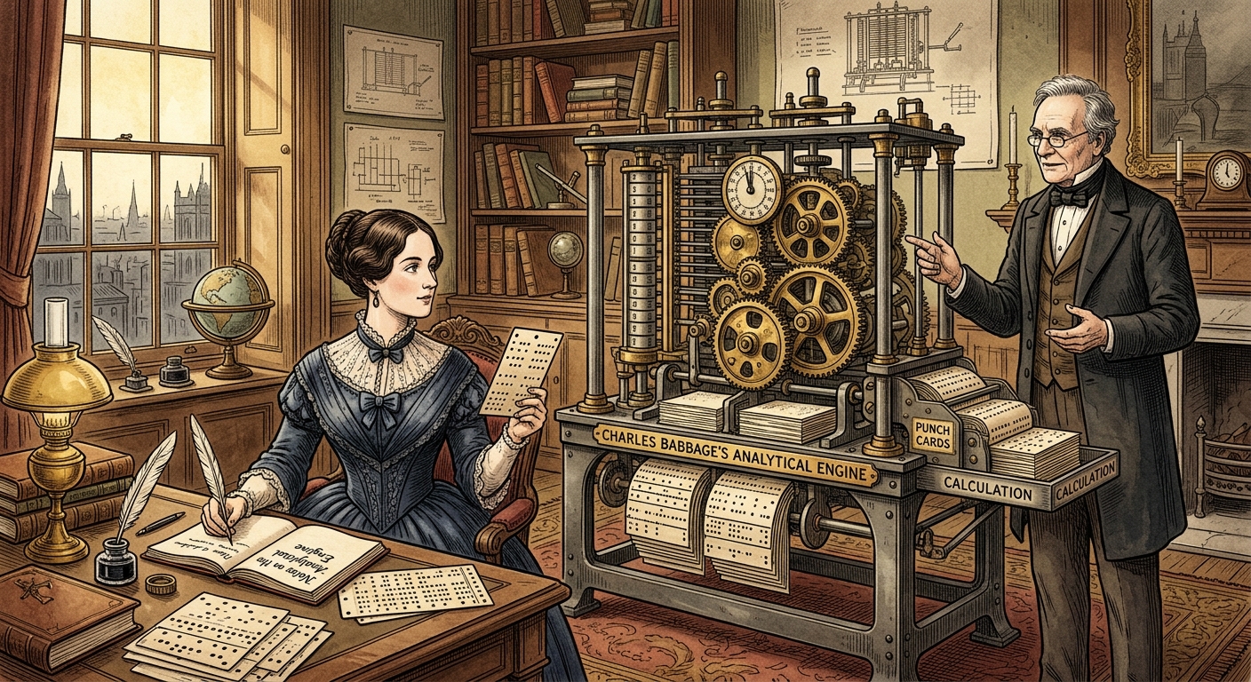 Ilustración de Ada Lovelace trabajando con la Máquina Analítica de Babbage en la era victoriana