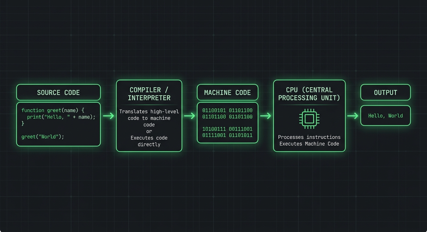 Diagrama del flujo de un programa: desde el código fuente hasta la ejecución en el CPU