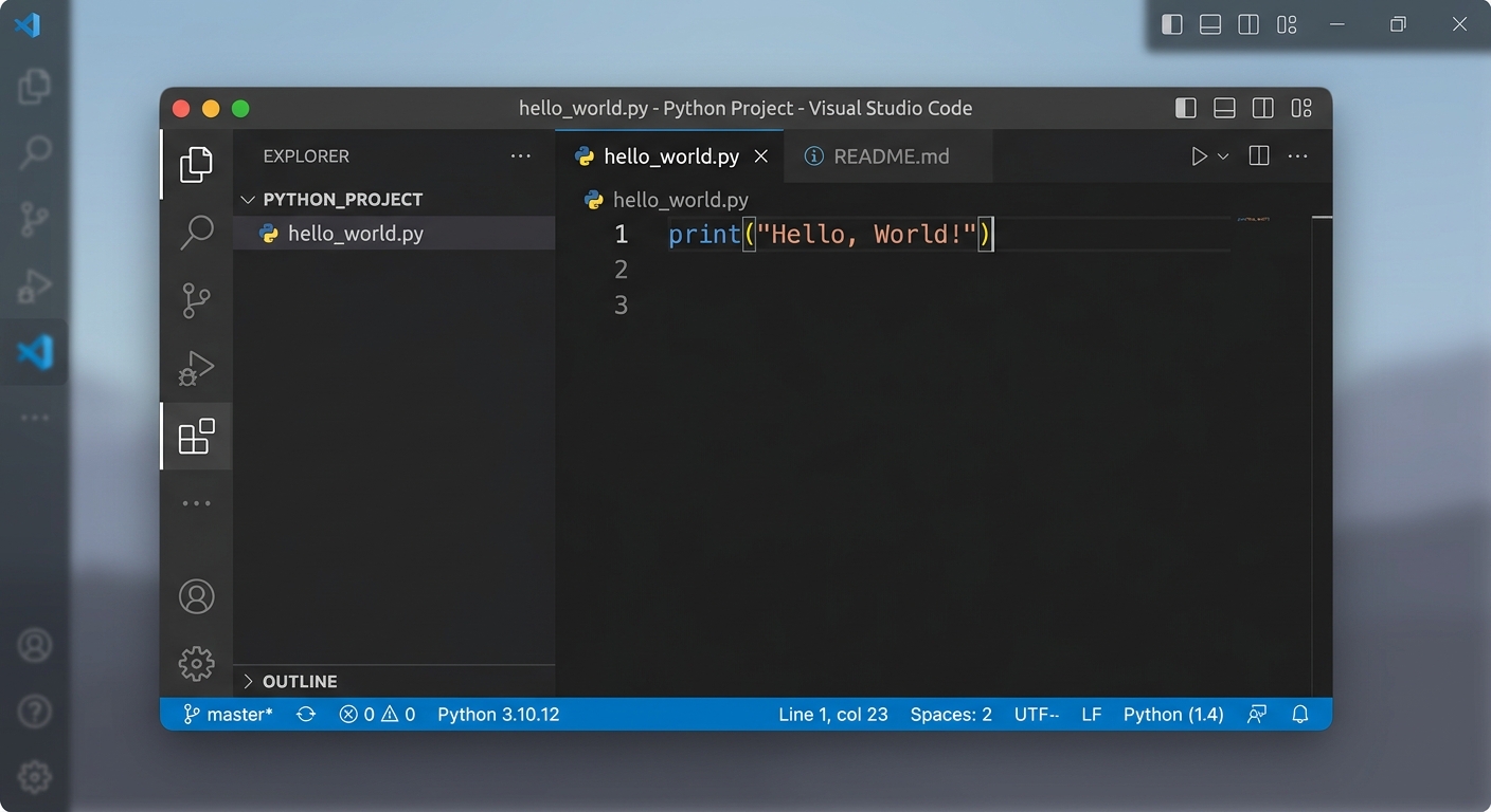Pantalla de VS Code con Python instalado mostrando autocompletado y syntax highlighting