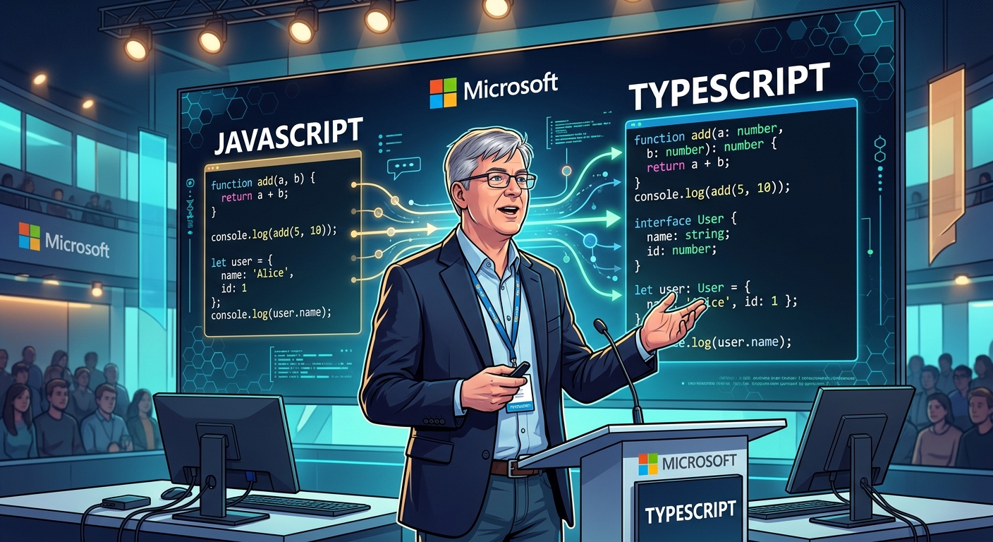 Ilustración de Anders Hejlsberg en Microsoft presentando TypeScript, con código JavaScript transformándose en código tipado en una pantalla